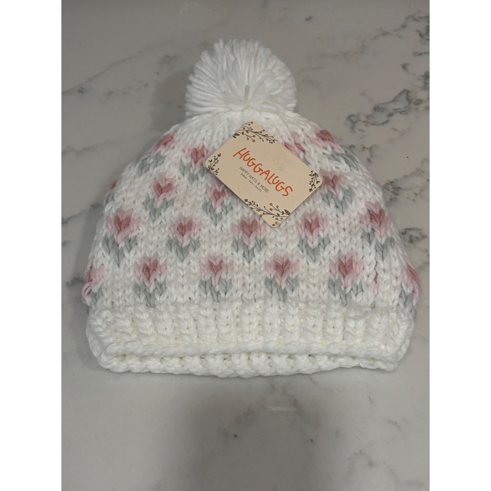 Huggalugs Bitty Blooms Beanie Blush Pink White Floral Knit Pom Pom Large 2-6Y